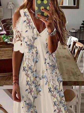 Women's Dresses Printed V-Neck Off-Shoulder Short Sleeve Dress - Maxi Dresses - Instastyled | Online Fashion Free Shipping Clothing, Dresses, Tops, Shoes - 15/02/2022 - 40-50 - color-beige