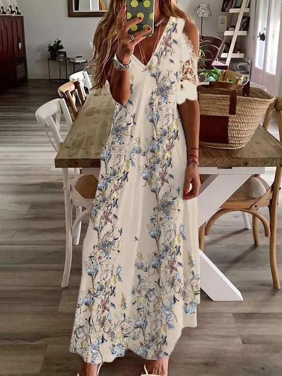 Women's Dresses Printed V-Neck Off-Shoulder Short Sleeve Dress - Maxi Dresses - Instastyled | Online Fashion Free Shipping Clothing, Dresses, Tops, Shoes - 15/02/2022 - 40-50 - color-beige