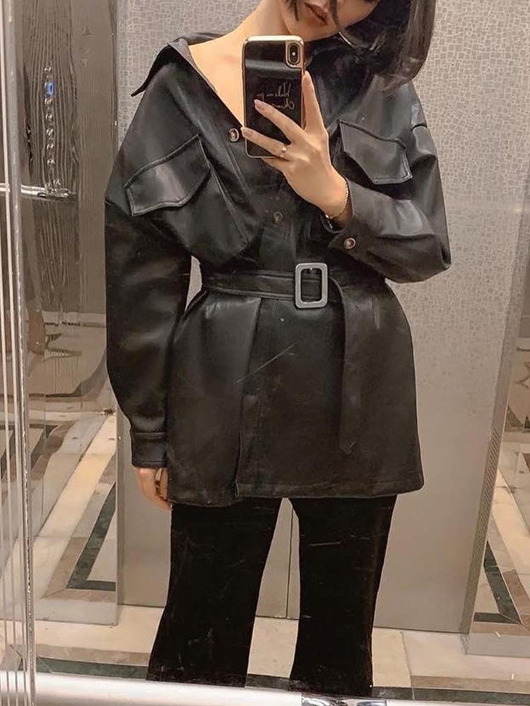 Women's Dresses Pu Leather Long Sleeve Single-Breasted Belted Dress - Mini Dresses - INS | Online Fashion Free Shipping Clothing, Dresses, Tops, Shoes - 30/11/2021 - color-black - color-blue