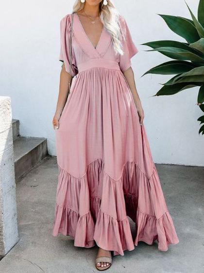 Women's Dresses Pure V-Neck Pocket Belted Bohemian Maxi Dress - Maxi Dresses - INS | Online Fashion Free Shipping Clothing, Dresses, Tops, Shoes - 18/11/2021 - 40-50 - color-blue