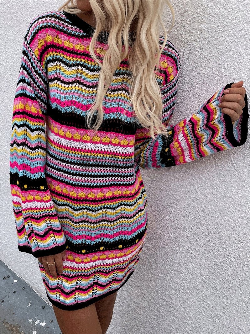 Women's Dresses Rainbow Striped Round Neck Long Sleeve Sweater Dress - Mini Dresses - INS | Online Fashion Free Shipping Clothing, Dresses, Tops, Shoes - 12/10/2021 - 30-40 - color-black
