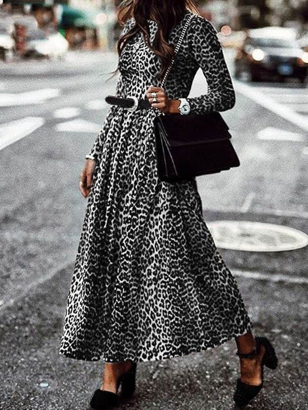 Women's Dresses Retro Leopard Print Round Neck Long Sleeve Dress - Maxi Dresses - Instastyled | Online Fashion Free Shipping Clothing, Dresses, Tops, Shoes - 06/01/2022 - 30-40 - color-brown