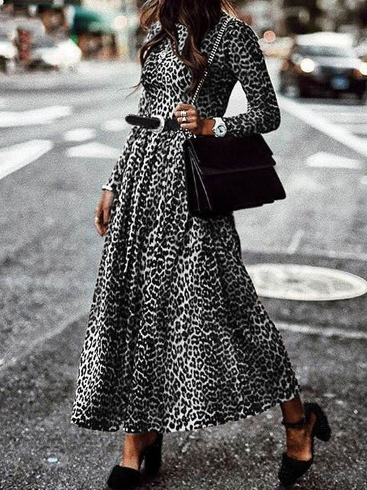 Women's Dresses Retro Leopard Print Round Neck Long Sleeve Dress - Maxi Dresses - Instastyled | Online Fashion Free Shipping Clothing, Dresses, Tops, Shoes - 06/01/2022 - 30-40 - color-brown