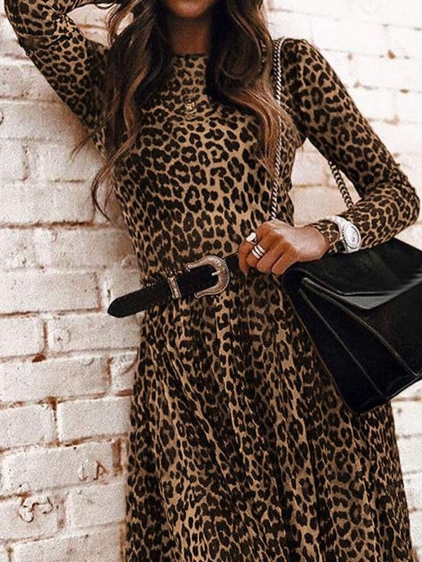 Women's Dresses Retro Leopard Print Round Neck Long Sleeve Dress - Maxi Dresses - Instastyled | Online Fashion Free Shipping Clothing, Dresses, Tops, Shoes - 06/01/2022 - 30-40 - color-brown