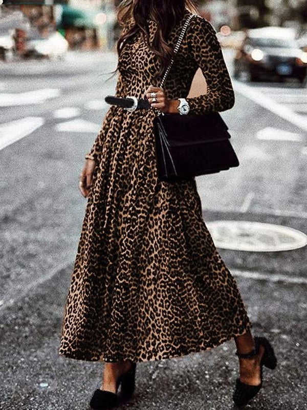Women's Dresses Retro Leopard Print Round Neck Long Sleeve Dress - Maxi Dresses - Instastyled | Online Fashion Free Shipping Clothing, Dresses, Tops, Shoes - 06/01/2022 - 30-40 - color-brown