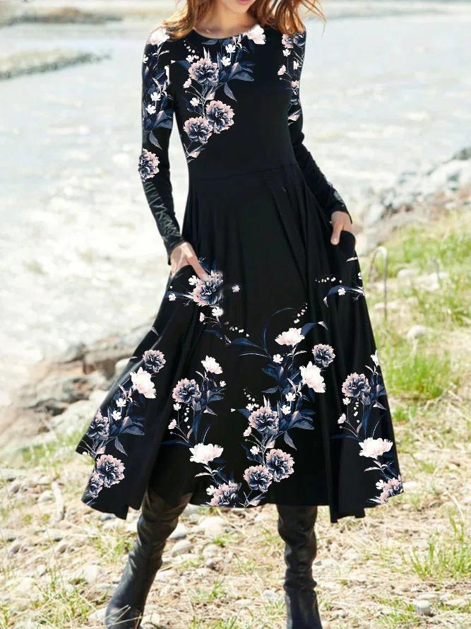 Women's Dresses Retro Print Pocket Long Sleeve Dress - Midi Dresses - Instastyled | Online Fashion Free Shipping Clothing, Dresses, Tops, Shoes - 14/12/2021 - Color_Black - Color_Blue