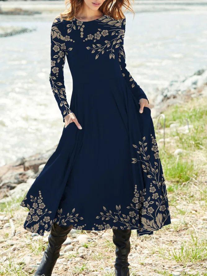 Women's Dresses Retro Print Pocket Long Sleeve Dress - Midi Dresses - Instastyled | Online Fashion Free Shipping Clothing, Dresses, Tops, Shoes - 14/12/2021 - Color_Black - Color_Blue
