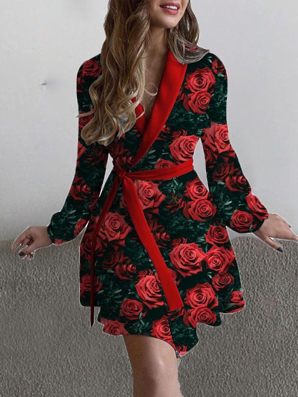Women's Dresses Rose Flower Print Lapel Long Sleeve Dress - Mini Dresses - Instastyled | Online Fashion Free Shipping Clothing, Dresses, Tops, Shoes - 22/12/2021 - 40-50 - color-black