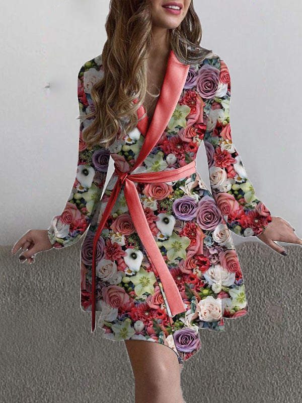 Women's Dresses Rose Flower Print Lapel Long Sleeve Dress - Mini Dresses - Instastyled | Online Fashion Free Shipping Clothing, Dresses, Tops, Shoes - 22/12/2021 - 40-50 - color-black