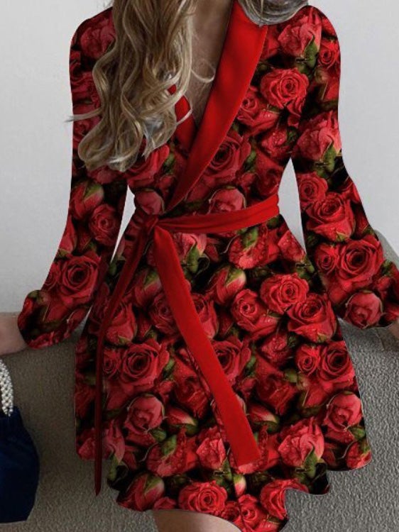 Women's Dresses Rose Flower Print Lapel Long Sleeve Dress - Mini Dresses - Instastyled | Online Fashion Free Shipping Clothing, Dresses, Tops, Shoes - 22/12/2021 - 40-50 - color-black