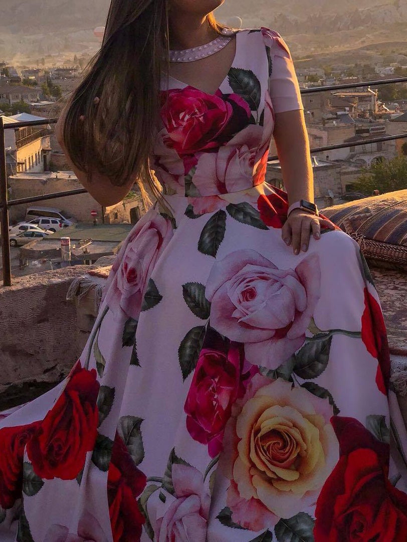 Women's Dresses Rose V Neck Beaded Short Sleeve Dress - Maxi Dresses - Instastyled | Online Fashion Free Shipping Clothing, Dresses, Tops, Shoes - 14/01/2022 - color-pink - Color_Pink