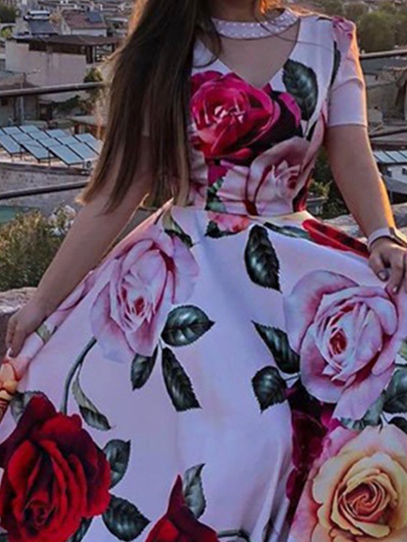 Women's Dresses Rose V Neck Beaded Short Sleeve Dress - Maxi Dresses - Instastyled | Online Fashion Free Shipping Clothing, Dresses, Tops, Shoes - 14/01/2022 - color-pink - Color_Pink