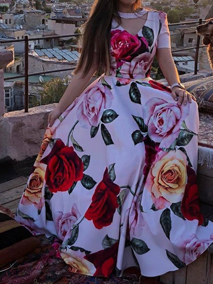 Women's Dresses Rose V Neck Beaded Short Sleeve Dress - Maxi Dresses - Instastyled | Online Fashion Free Shipping Clothing, Dresses, Tops, Shoes - 14/01/2022 - color-pink - Color_Pink