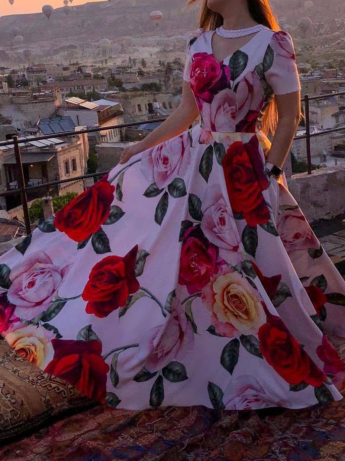 Women's Dresses Rose V Neck Beaded Short Sleeve Dress - Maxi Dresses - Instastyled | Online Fashion Free Shipping Clothing, Dresses, Tops, Shoes - 14/01/2022 - color-pink - Color_Pink