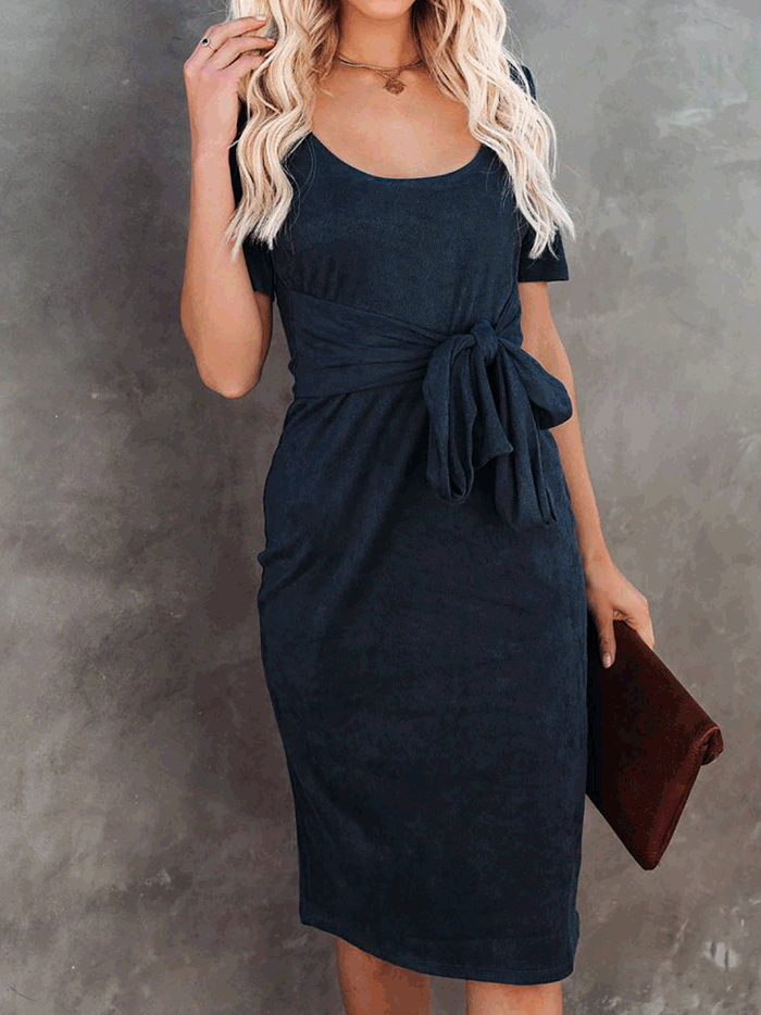 Women's Dresses Round Neck Belted Short Sleeve Dress - Midi Dresses - Instastyled | Online Fashion Free Shipping Clothing, Dresses, Tops, Shoes - 10/01/2022 - 20-30 - color-black