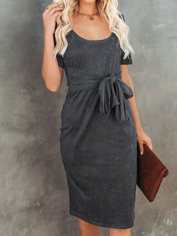 Women's Dresses Round Neck Belted Short Sleeve Dress - Midi Dresses - Instastyled | Online Fashion Free Shipping Clothing, Dresses, Tops, Shoes - 10/01/2022 - 20-30 - color-black