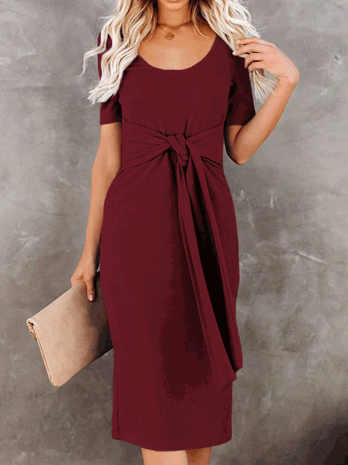 Women's Dresses Round Neck Belted Short Sleeve Dress - Midi Dresses - Instastyled | Online Fashion Free Shipping Clothing, Dresses, Tops, Shoes - 10/01/2022 - 20-30 - color-black