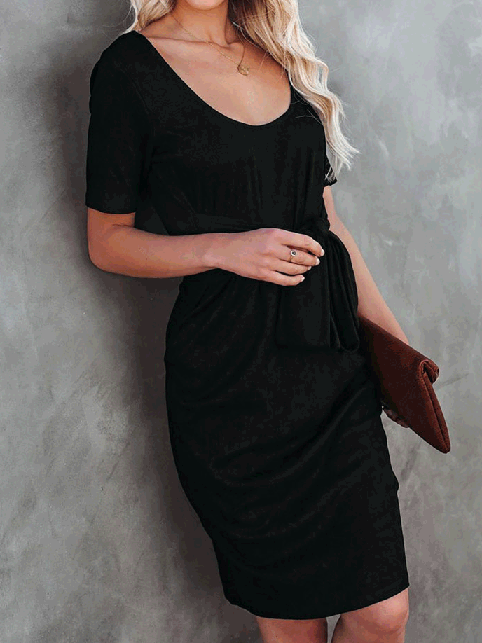 Women's Dresses Round Neck Belted Short Sleeve Dress - Midi Dresses - Instastyled | Online Fashion Free Shipping Clothing, Dresses, Tops, Shoes - 10/01/2022 - 20-30 - color-black