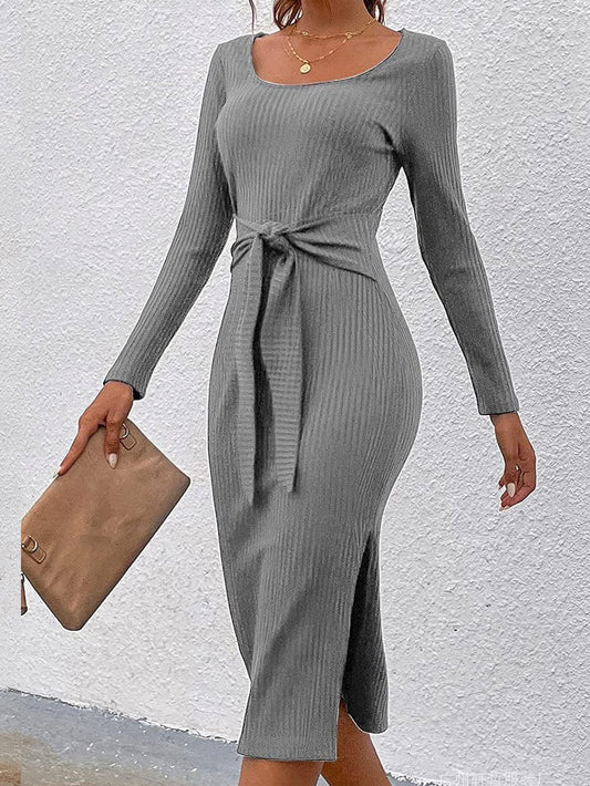 Women's Dresses Round Neck Long Sleeve Belted Slit Tight Dress - Midi Dresses - INS | Online Fashion Free Shipping Clothing, Dresses, Tops, Shoes - 01/12/2021 - 20-30 - color-black