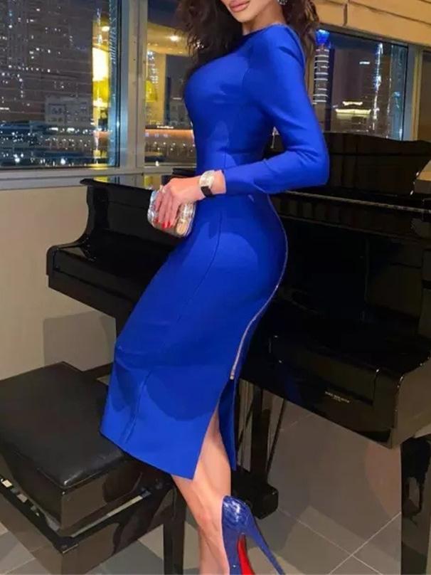 Women's Dresses Round Neck Open Back Zipper Long Sleeve Bodycon Dresses - Midi Dresses - Instastyled | Online Fashion Free Shipping Clothing, Dresses, Tops, Shoes - 14/12/2021 - Bodycon Dresses - Color_Black