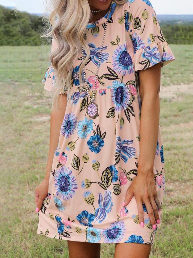 Women's Dresses Round Neck Short Sleeve Floral Dress - Mini Dresses - Instastyled | Online Fashion Free Shipping Clothing, Dresses, Tops, Shoes - 14/02/2022 - 20-30 - Casual Dresses