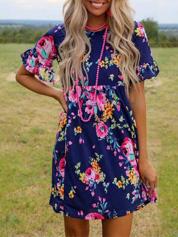 Women's Dresses Round Neck Short Sleeve Floral Dress - Mini Dresses - Instastyled | Online Fashion Free Shipping Clothing, Dresses, Tops, Shoes - 14/02/2022 - 20-30 - Casual Dresses