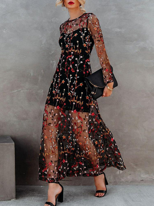 Women's Dresses Round Neck Suspender Embroidered Mesh Two-Piece Dress - Maxi Dresses - Instastyled | Online Fashion Free Shipping Clothing, Dresses, Tops, Shoes - 09/12/2021 - color-black - Color_Black