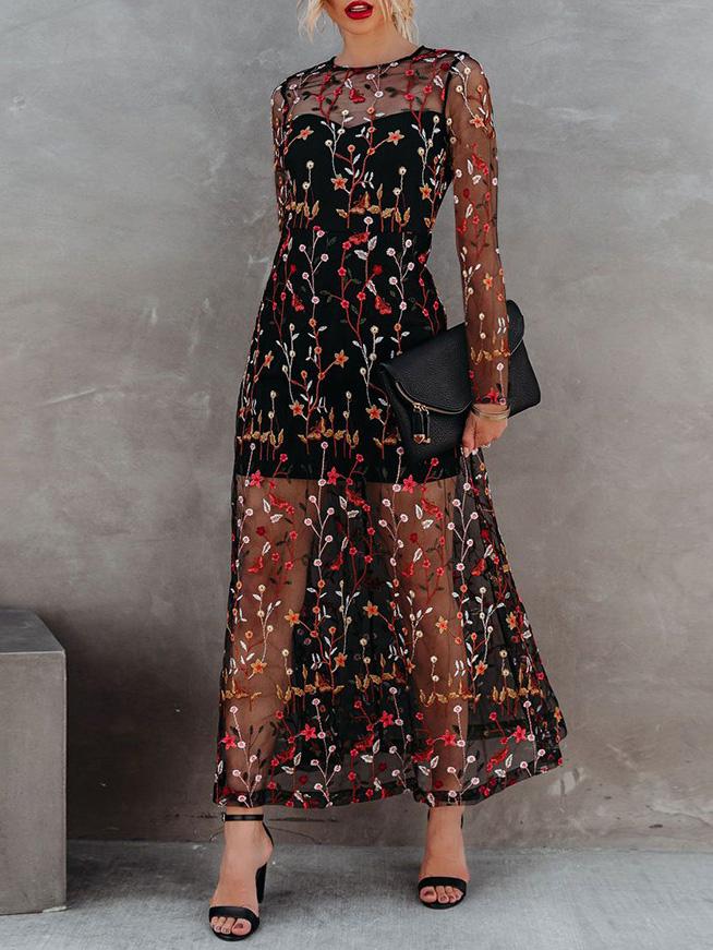 Women's Dresses Round Neck Suspender Embroidered Mesh Two-Piece Dress - Maxi Dresses - Instastyled | Online Fashion Free Shipping Clothing, Dresses, Tops, Shoes - 09/12/2021 - color-black - Color_Black