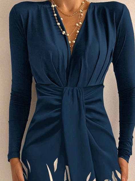 Women's Dresses Ruched V-Neck Printed Long Sleeve Skinny Dress - Midi Dresses - Instastyled | Online Fashion Free Shipping Clothing, Dresses, Tops, Shoes - 22/12/2021 - 40-50 - color-blue