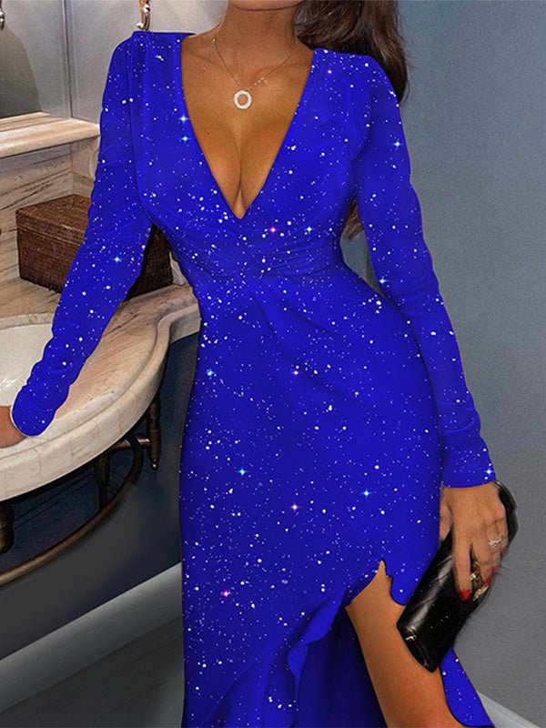 Women's Dresses Sequined Long Sleeve V-Neck Ruffle Dress - Maxi Dresses - Instastyled | Online Fashion Free Shipping Clothing, Dresses, Tops, Shoes - 16/02/2022 - color-blue - color-light-white