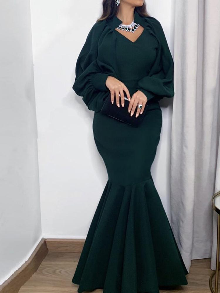 Women's Dresses Shawl V-Neck Lantern Long Sleeve Fishtail Dress - Maxi Dresses - INS | Online Fashion Free Shipping Clothing, Dresses, Tops, Shoes - 22/11/2021 - 40-50 - color-black