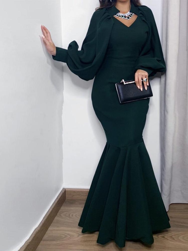 Women's Dresses Shawl V-Neck Lantern Long Sleeve Fishtail Dress - Maxi Dresses - INS | Online Fashion Free Shipping Clothing, Dresses, Tops, Shoes - 22/11/2021 - 40-50 - color-black