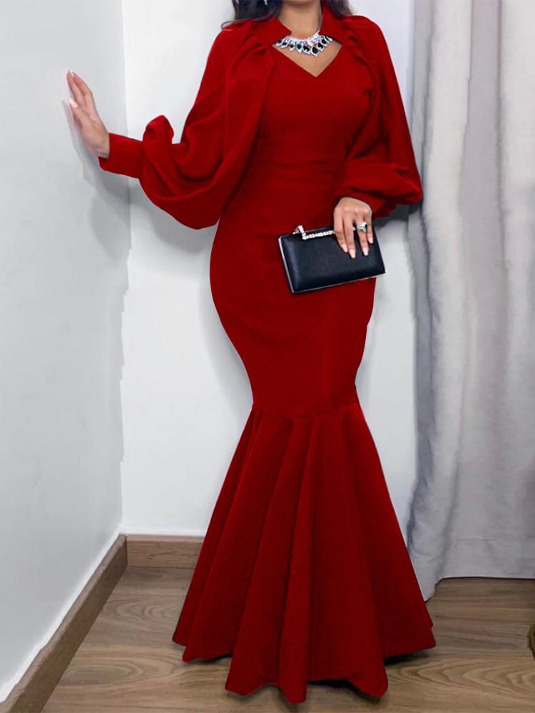 Women's Dresses Shawl V-Neck Lantern Long Sleeve Fishtail Dress - Maxi Dresses - INS | Online Fashion Free Shipping Clothing, Dresses, Tops, Shoes - 22/11/2021 - 40-50 - color-black