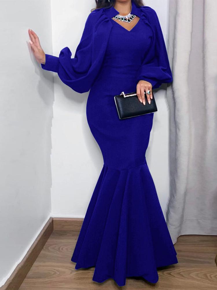 Women's Dresses Shawl V-Neck Lantern Long Sleeve Fishtail Dress - Maxi Dresses - INS | Online Fashion Free Shipping Clothing, Dresses, Tops, Shoes - 22/11/2021 - 40-50 - color-black