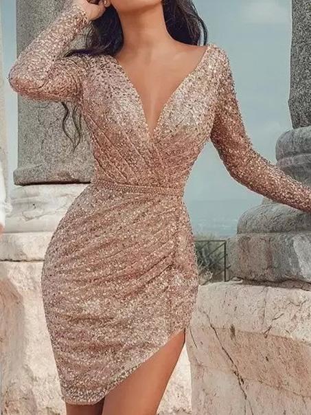 Women's Dresses Shiny Deep V-Neck Long Sleeve Slim Dress - Mini Dresses - Instastyled | Online Fashion Free Shipping Clothing, Dresses, Tops, Shoes - 15/12/2021 - 40-50 - color-black