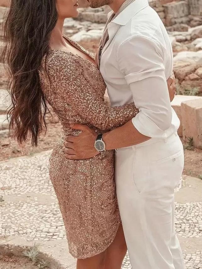 Women's Dresses Shiny Deep V-Neck Long Sleeve Slim Dress - Mini Dresses - Instastyled | Online Fashion Free Shipping Clothing, Dresses, Tops, Shoes - 15/12/2021 - 40-50 - color-black