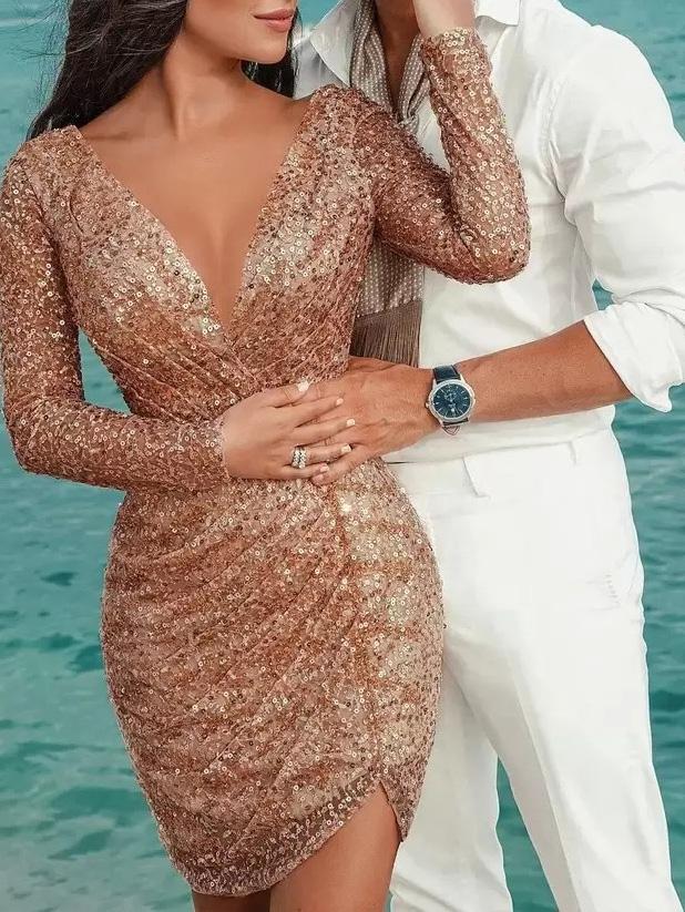 Women's Dresses Shiny Deep V-Neck Long Sleeve Slim Dress - Mini Dresses - Instastyled | Online Fashion Free Shipping Clothing, Dresses, Tops, Shoes - 15/12/2021 - 40-50 - color-black