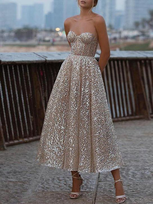 Women's Dresses Shiny Deep V-Neck Tube Top Maxi Dresses - Maxi Dresses - INS | Online Fashion Free Shipping Clothing, Dresses, Tops, Shoes - 29/11/2021 - 40-50 - color-gold