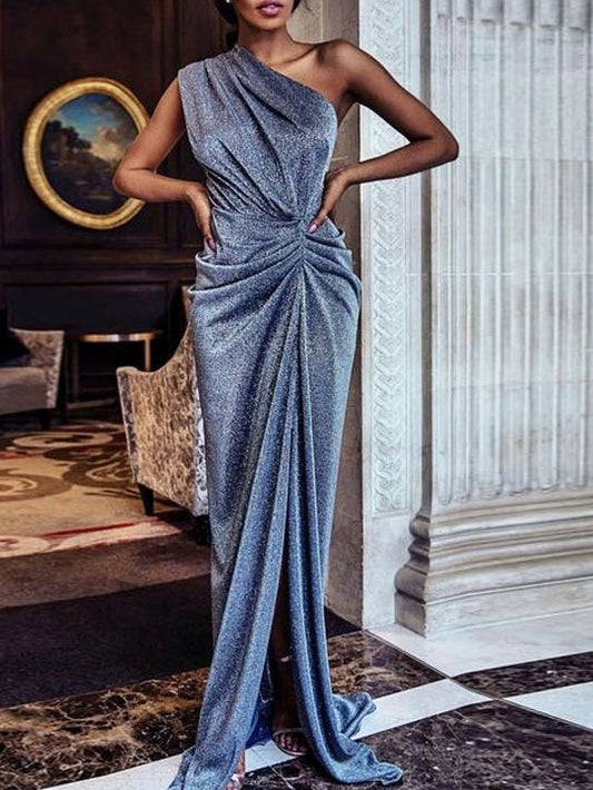 Women's Dresses Shiny One-Shoulder Sleeveless Split Party Dress - Maxi Dresses - Instastyled | Online Fashion Free Shipping Clothing, Dresses, Tops, Shoes - 17/12/2021 - 40-50 - color-blue