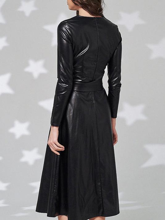 Women's Dresses Simple Round Neck Belt Long Sleeve PU Leather Dress - Midi Dresses - INS | Online Fashion Free Shipping Clothing, Dresses, Tops, Shoes - 30/11/2021 - color-black - color-orange