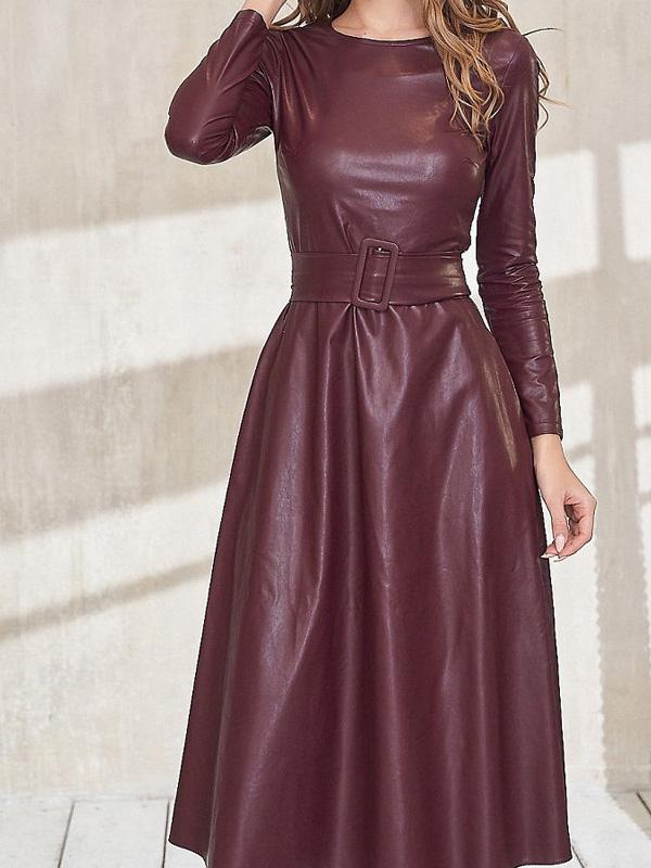 Women's Dresses Simple Round Neck Belt Long Sleeve PU Leather Dress - Midi Dresses - INS | Online Fashion Free Shipping Clothing, Dresses, Tops, Shoes - 30/11/2021 - color-black - color-orange