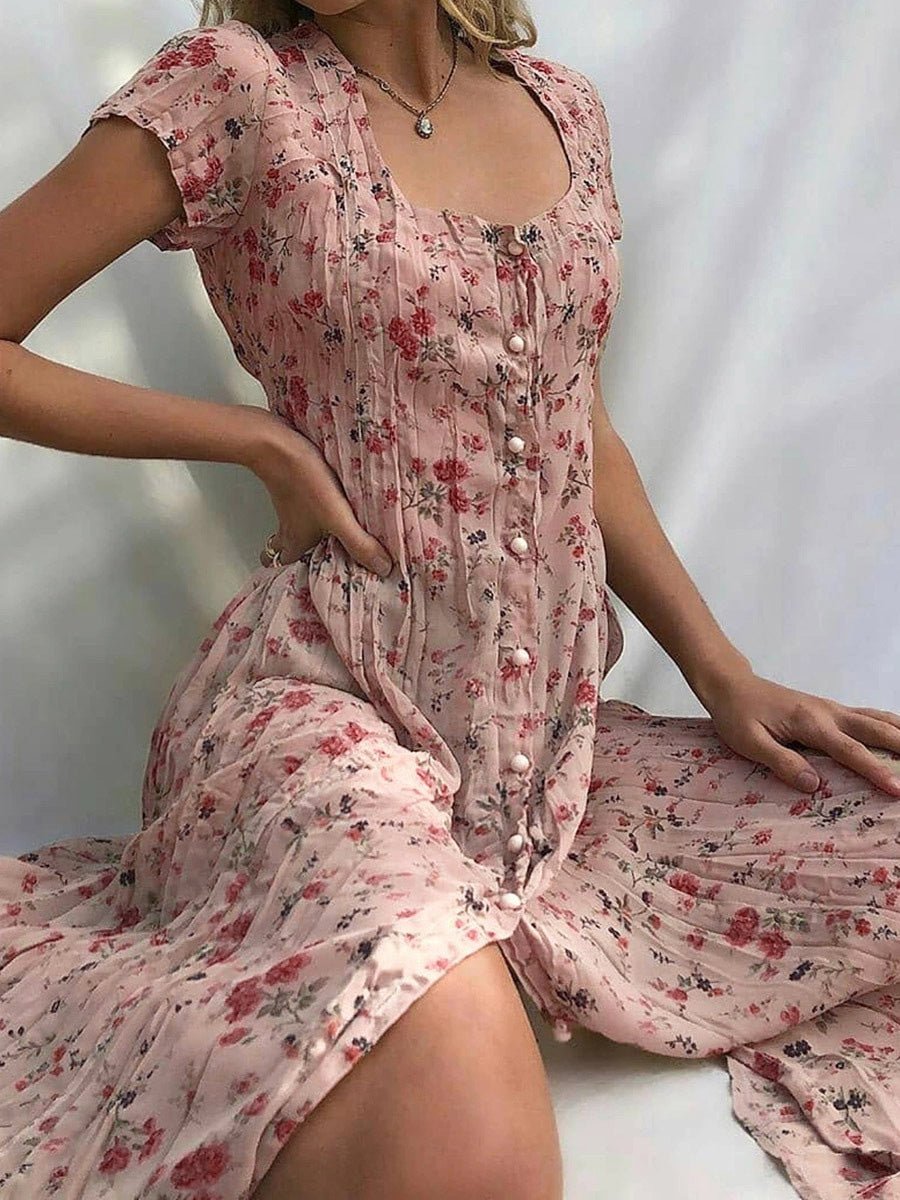 Women's Dresses Single Breasted Floral Short Sleeve Dress - Midi Dresses - Instastyled | Online Fashion Free Shipping Clothing, Dresses, Tops, Shoes - 28/02/2022 - 30-40 - color-apricot