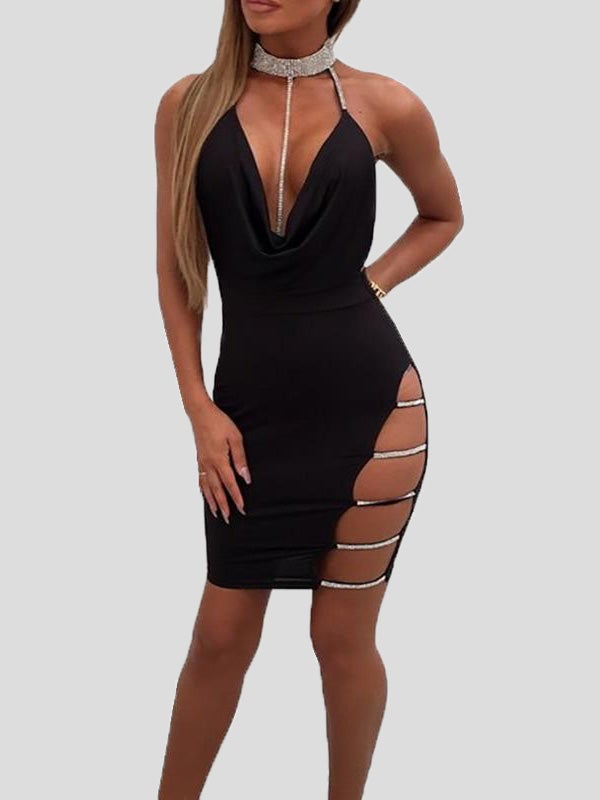 Women's Dresses Sling Slit Hot Drill Low-Cut Halterneck Nightclub Dress - Midi Dresses - Instastyled | Online Fashion Free Shipping Clothing, Dresses, Tops, Shoes - 06/01/2022 - 20-30 - Bodycon Dresses