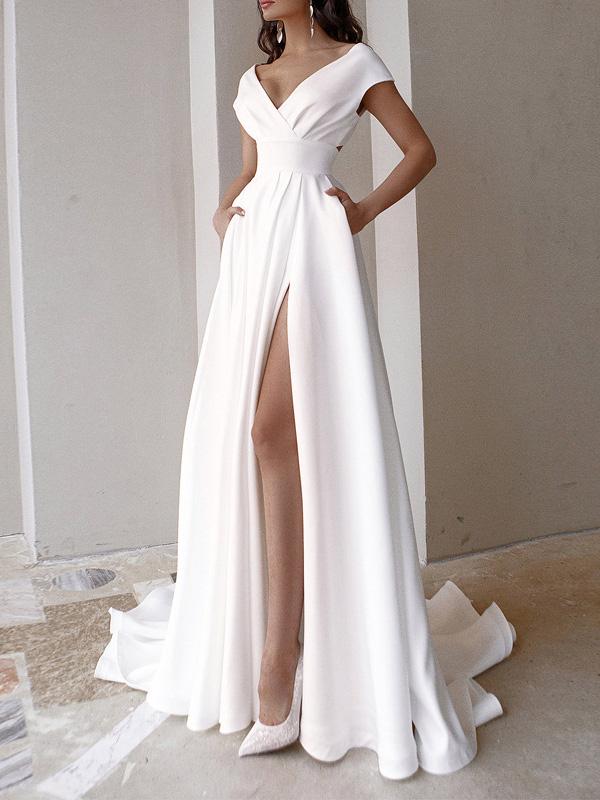 Women's Dresses Solid Deep V-Neck Split Maxi Dress - Maxi Dresses - INS | Online Fashion Free Shipping Clothing, Dresses, Tops, Shoes - 29/11/2021 - 30-40 - color-white