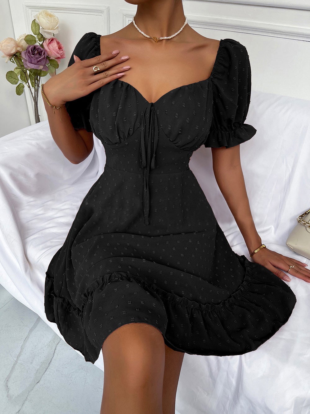 Women's Dresses Solid Polka Dot Ruffle Short Sleeve Dress - Mini Dresses - Instastyled | Online Fashion Free Shipping Clothing, Dresses, Tops, Shoes - 13/01/2022 - 40-50 - color-black