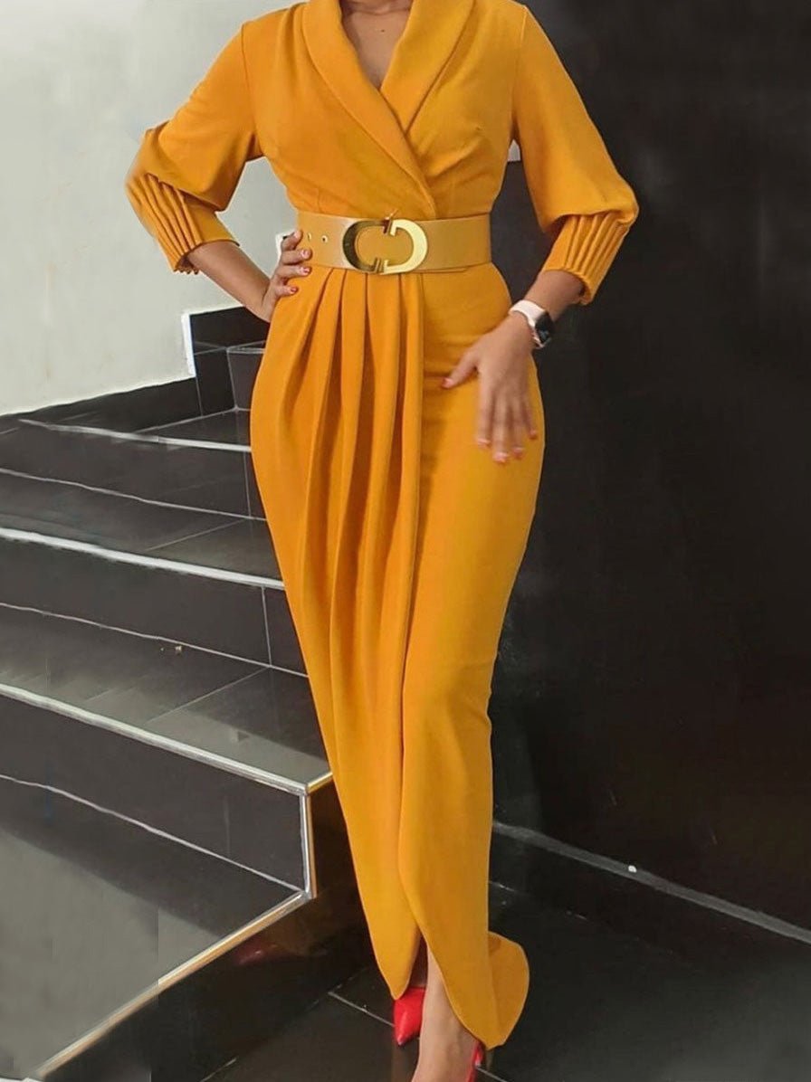 Women's Dresses Solid V-Neck Belt Mid-Sleeve Pleated Dress - Maxi Dresses - Instastyled | Online Fashion Free Shipping Clothing, Dresses, Tops, Shoes - 18/02/2022 - color-green - color-yellow