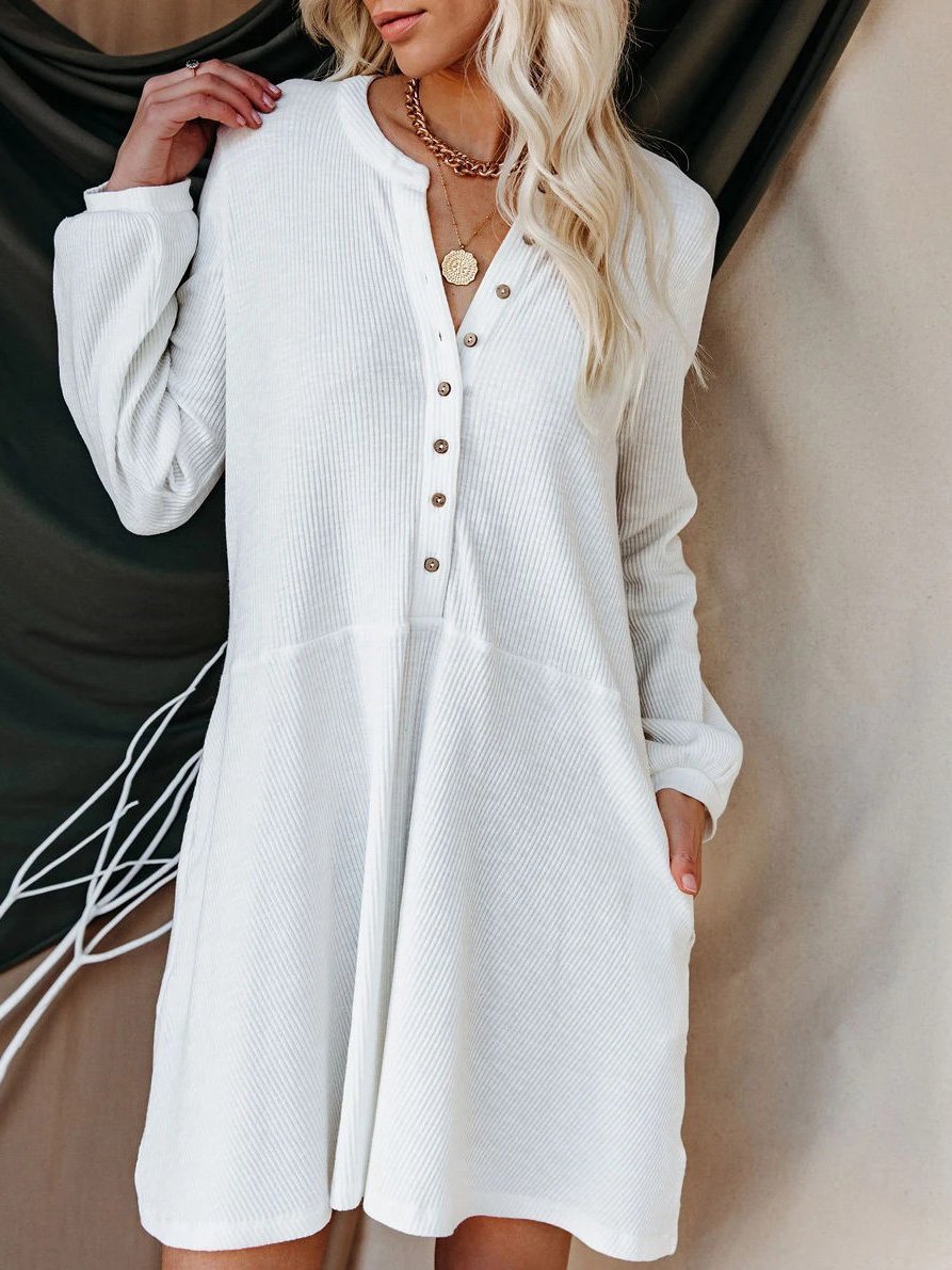 Women's Dresses Solid V-Neck Long Sleeve Button Casual Dress - Mini Dresses - INS | Online Fashion Free Shipping Clothing, Dresses, Tops, Shoes - 20-30 - 26/08/2021 - Category_Mini Dresses