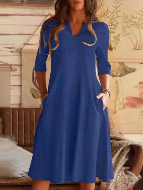 Women's Dresses Solid V-Neck Pocket Mid-Sleeve Dress - Midi Dresses - Instastyled | Online Fashion Free Shipping Clothing, Dresses, Tops, Shoes - 03/12/2021 - 20-30 - Casual Dresses