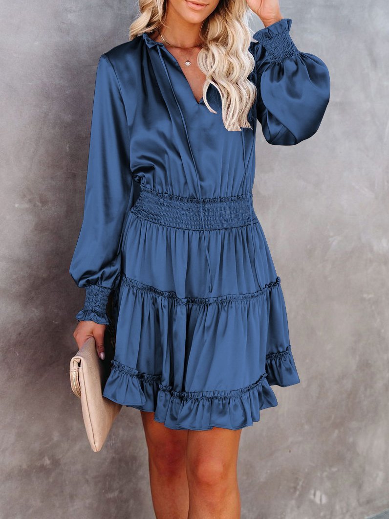 Women's Dresses Solid V-Neck Ruffled Long Sleeve Dress - Mini Dresses - INS | Online Fashion Free Shipping Clothing, Dresses, Tops, Shoes - 24/11/2021 - color-black - color-blue