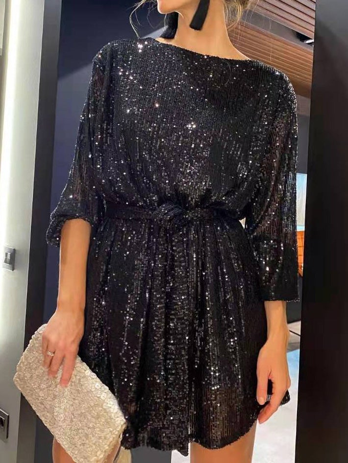 Women's Dresses Sparkling Sequin Long Sleeve Festive Party Dress - Mini Dresses - Instastyled | Online Fashion Free Shipping Clothing, Dresses, Tops, Shoes - 11/01/2022 - color-black - color-dark_purple
